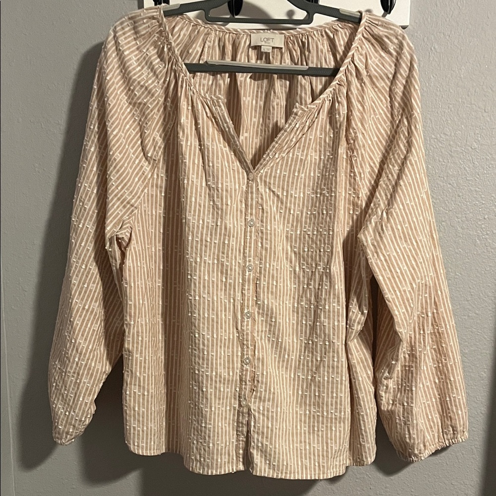 LOFT Cream Striped Button-Front Peasant Blouse
